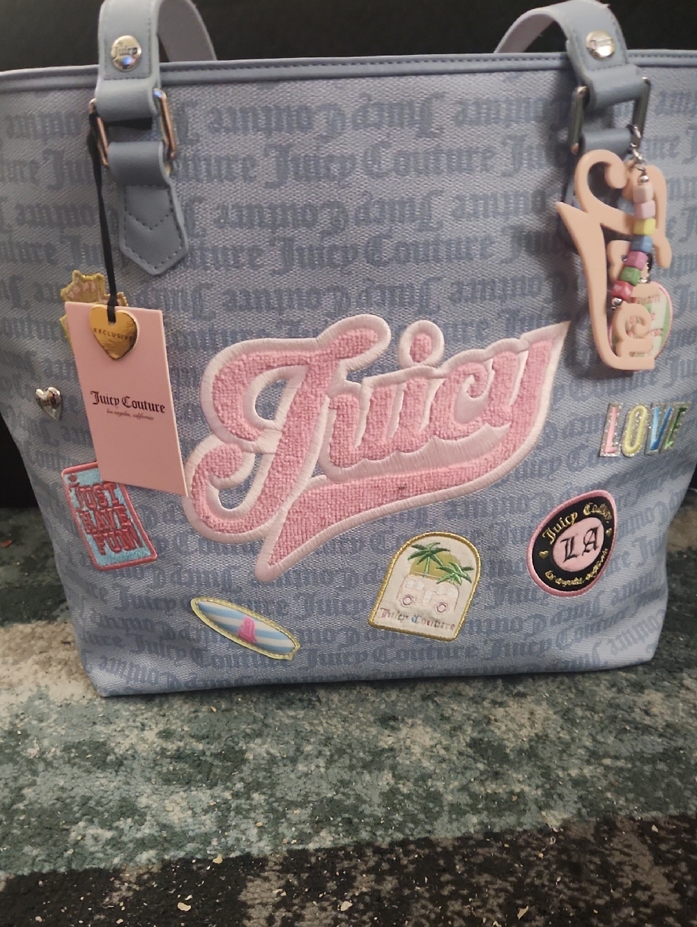 Juicy Couture Powder Blue Tote with Pink Logo Patches